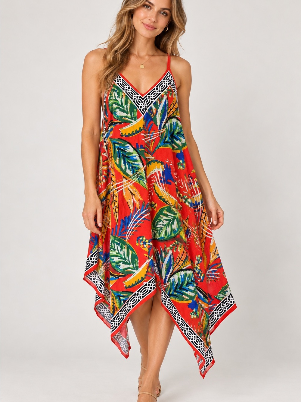 Jealous Tomato Tropical Red V-Neck Handkerchief Hem Summer Dress Size M